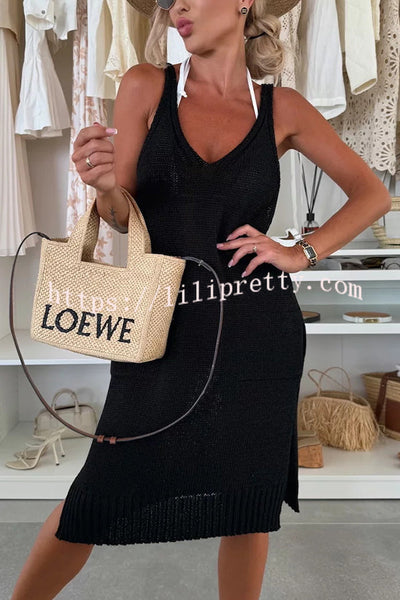 Solid Color V-Neck Sleeveless Casual Pocket Knitted Midi Dress