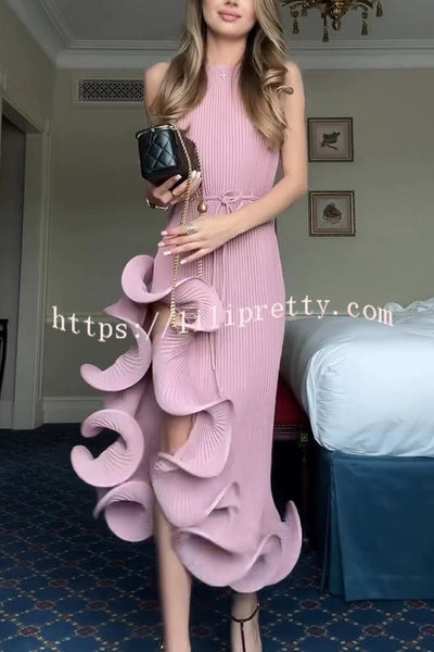Solid Color Sleeveless Waist Tie Irregular Ruffle Slim Midi Dress