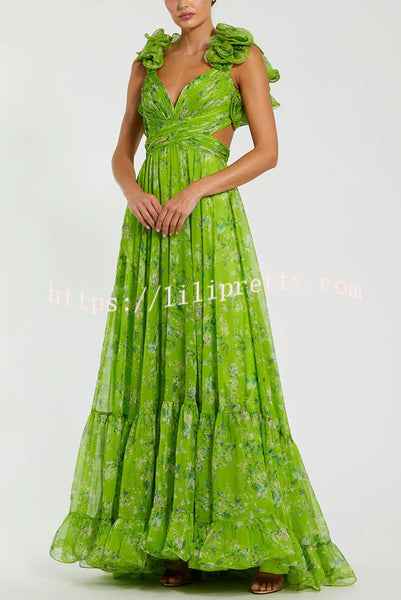 Delicate Garden Chiffon Floral Print Tiered Ruffle Cutout Back Lace-up Gown Maxi Dress