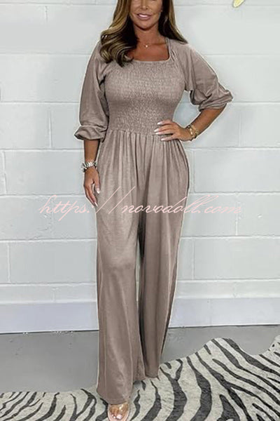 Casual and Comfortable Smocked Solid Color Wide Leg Jumpsuit