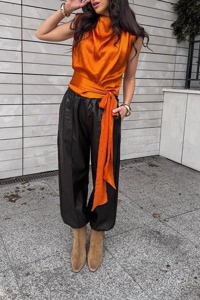 L'Aura Padded-Shoulder Wrap-Around Satin Top
