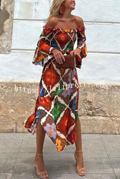 Kiara Colorful Paisley Print Smocked Off Shoulder Bell Sleeve Midi Dress