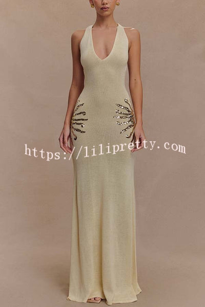 Sparkling Nights Knit Sunburst Sequin Detail Back Cross Straps Stretch Maxi Dress