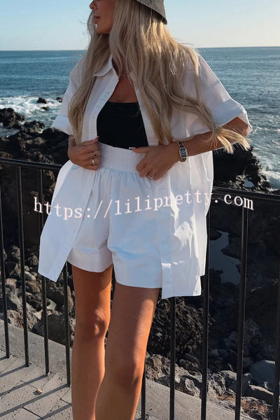 Summer Casual Loose Short-sleeved Shirt and Elastic High Waist Shorts Set