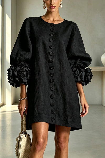 Rima Linen Blend Flowers Button Down Floral Cuffs Half Sleeve Mini Dress