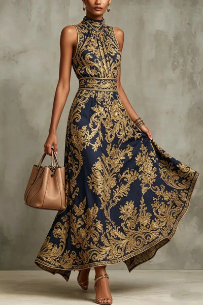 Vintage Gold Embroidered Long Dress