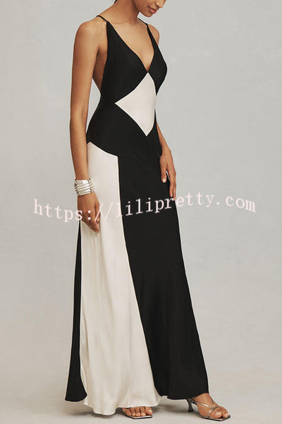 Extreme Elegance Satin Contrast Color V Neck Maxi Dress