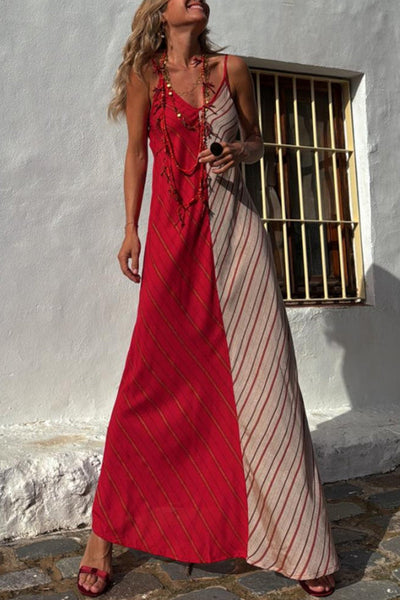 Fashionable Splicing V-neck Suspenders Loose Maxi Dress