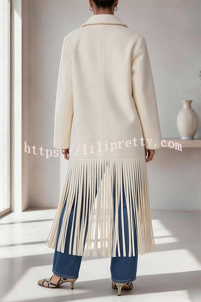 Street Style Wool Blend Long Sleeve Pocket Tassel Trim Lapel Midi Coat