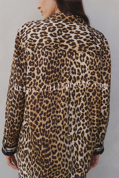 Unique Print Lapel Long Sleeve Loose Shirt and Elastic Waist Casual Pocket Wide Leg Pants Set