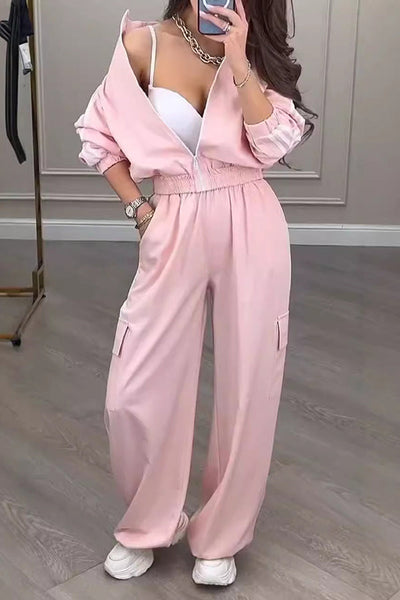 Fashion Loose Long Sleeve Zipper Top and Elastic Waist Pocket Casual Pants Set