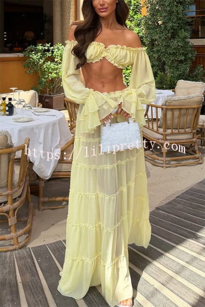 Gentle Sunshine Off Shoulder Long Bell Sleeve Crop Top and Elastic Waist Layered Cover-up Maxi Skirt Set