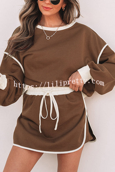 Fashion Round Neck Long Sleeve Spliced Casual Top and Elastic Waist Loose Shorts Set