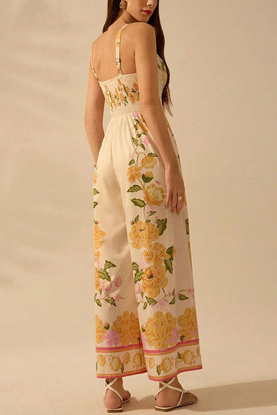 Bohemian Style Plant Print Casual Sling Holiday Loose Jumpsuit