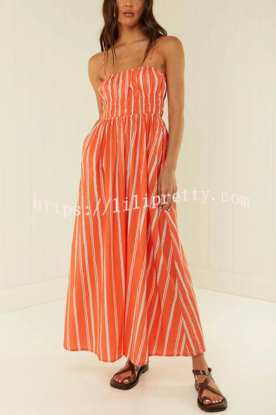 Unique Printed Suspender Backless Pleated Waist Maxi Dress