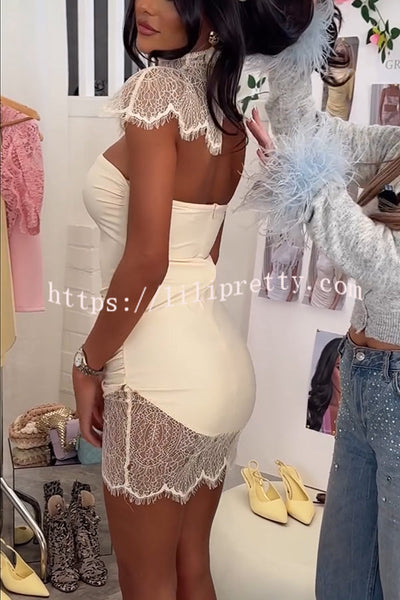 Darla Lace Patchwork High Neck Cape Collar Ruched Stretch Mini Dress