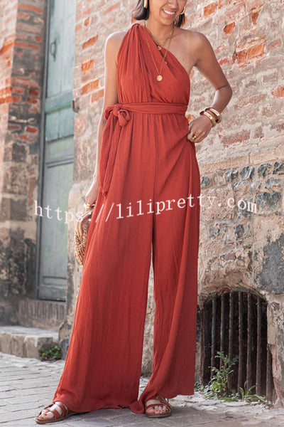 Up To You Linen Blend Elastic Waist Straps Loose Jumpsuit