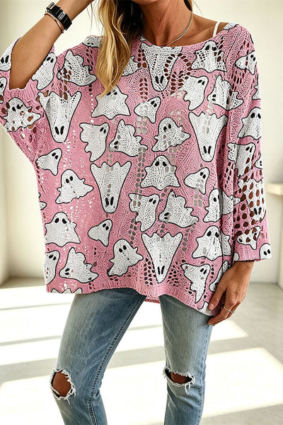 Halloween Pumpkin & Bat Hollow Out Knit Oversized Sweater