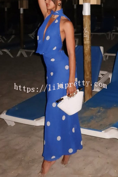 Fashion Polka Dot Print Sexy Halter Neck Backless Maxi Dress