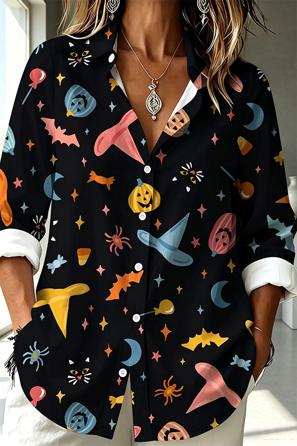 Halloween Shirt Featuring Bat and Jack-o'-lantern Patterns