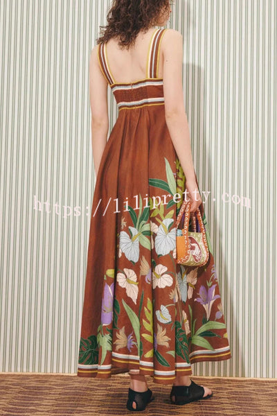 Brown Floral Linen Midi Dress