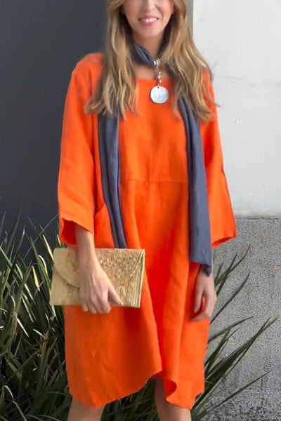 Linen Blend Solid Loose Casual Pocket Mini Dress