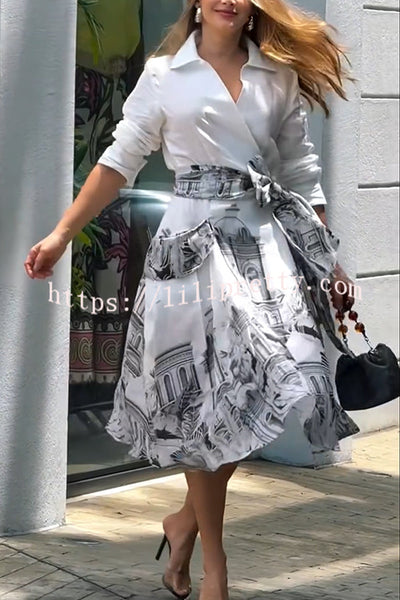 Jiles Linen Blend Unique Contrast Print Long Sleeve Tie-up Pocket Shirt Midi Dress
