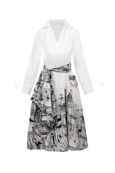 Jiles Linen Blend Unique Contrast Print Long Sleeve Tie-up Pocket Shirt Midi Dress