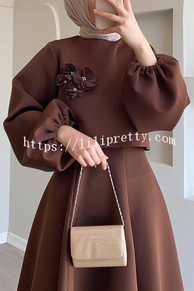 Solid Color Flower-embellished Lantern Sleeve Loose Top and Casual Maxi Skirt Set