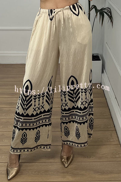 Unique Print Elastic Waist Casual Pocket Wide Leg Pants