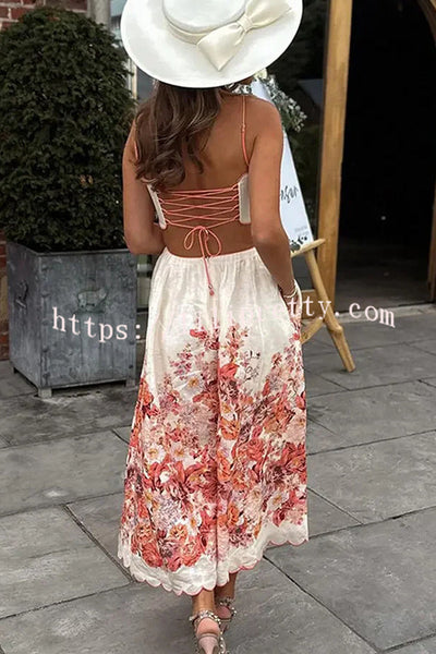 Cabo Sunsets Floral Print Petal Trim Back Lace-up Pocket Midi Dress