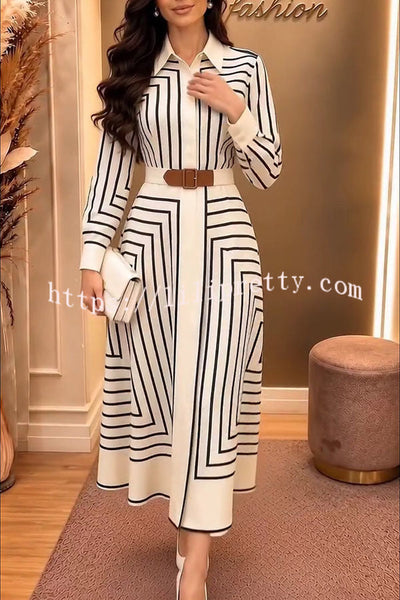 Maderia Geometric Lines print Long Sleeve Belted Shirt Midi Dress
