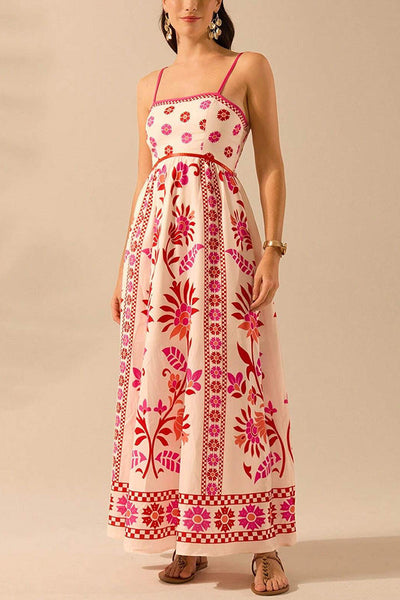 Unique Printed Sling Back Pleated Loose Holiday Maxi Dress