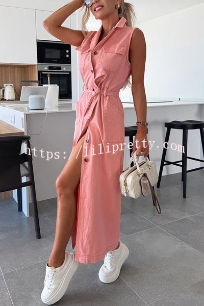 Solid Color Sleeveless Single Breasted Waist Tie Casual Pocket Denim Midi Dress