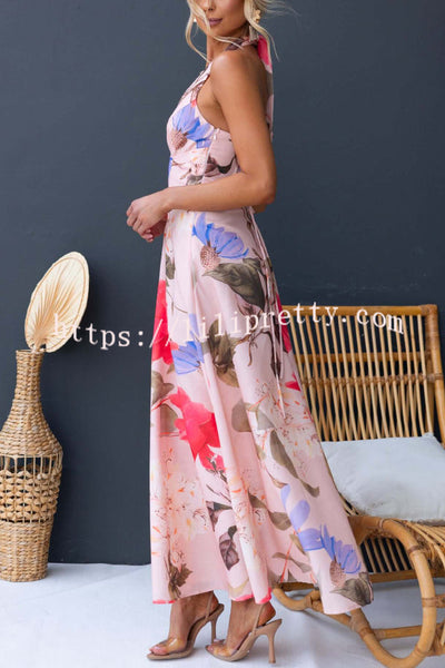 Floral Print V-neck Backless Tie-up Fitted Waist Elegant Maxi Dress