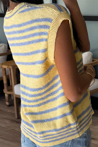 Stylish Striped Loose Sleeveless Button-down Knit Cardigan