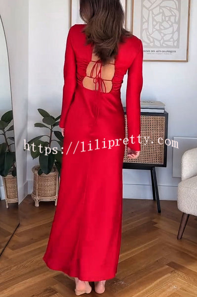 Winter Wedding Satin Back Tie-up Long Sleeve H-line Maxi Dress