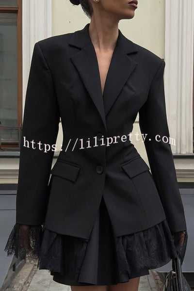 Solid Color Lace Panel Long Sleeve Button Elegant Blazer