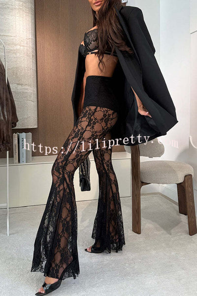 Chic Moment Floral Lace High Rise Elastic Waist Fishtail Hem Stretch Pants