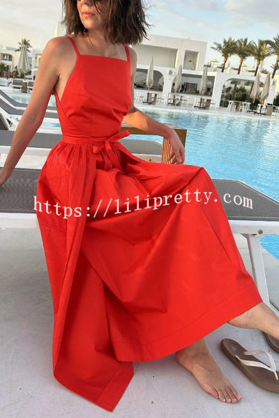 Solid Color Sleeveless Side Slit Tie-up Casual Vacation Pocket Maxi Dress