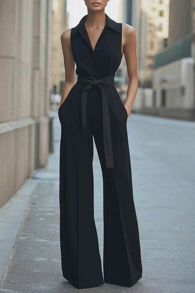 Fashion Lapel Sleeveless High Waist Tie Casual Pocket Wide Leg Jumpsuit