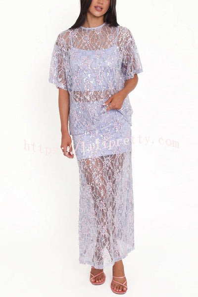 Catch The Light Sheer Sequin Lace High Rise Elastic Waist Maxi Skirt