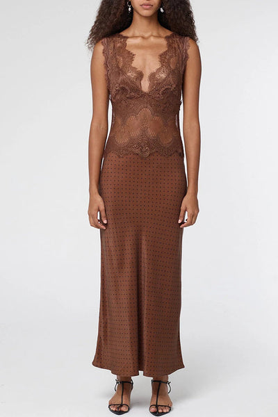 Wonderful Fusion Satin Lace Trim Poka Dot V-neck Drape Maxi Dress