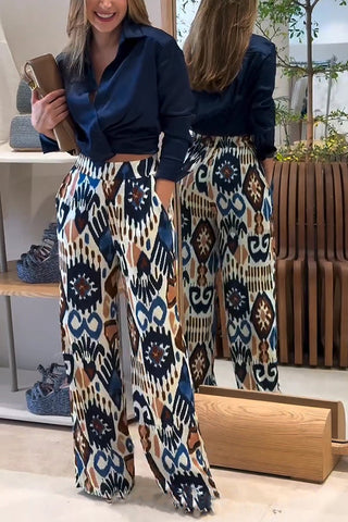 Emelia Unique Print Back Elastic Waist Pocket Wide Leg Pants