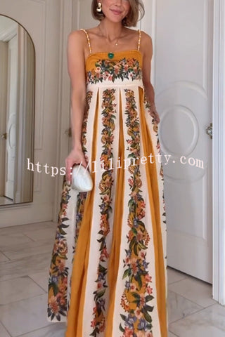 Bloom Bright Linen Blend Floral Print Beaded Shoulder Straps Pocket Maxi Dress