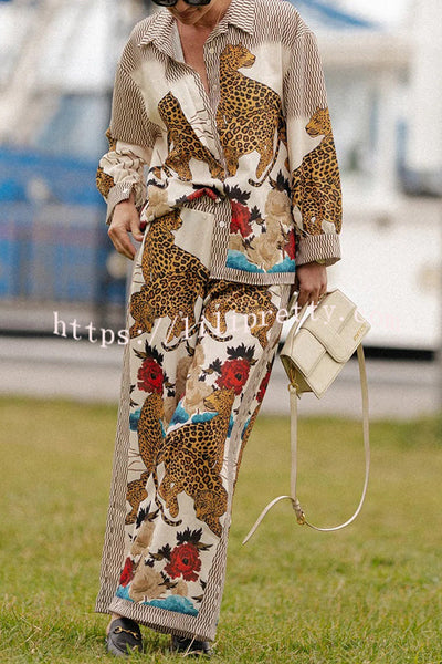 Exotic Leopard Flower Patchwork Print Elastic Waist Pocket Wide Leg Pants