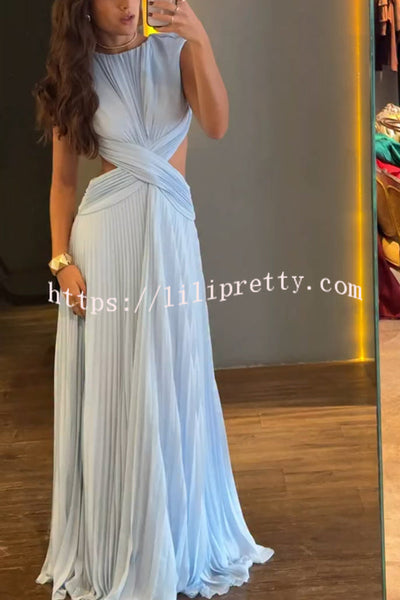 Tamia Pleated Chiffon Fabric Crossover Cutout Waist Open Back Maxi Dress