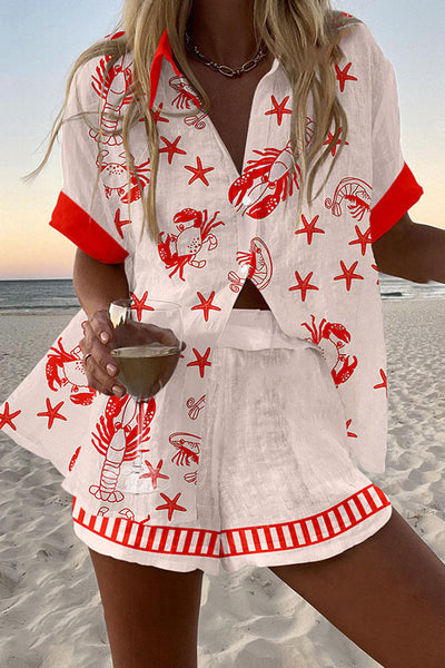 Crab and Lobster Print Loose Button Elastic Waist Shorts Set
