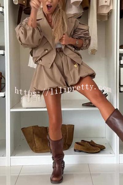 Fashion Style Button Long Balloon Sleeve Pocket Lapel Casual Bomber Jacket