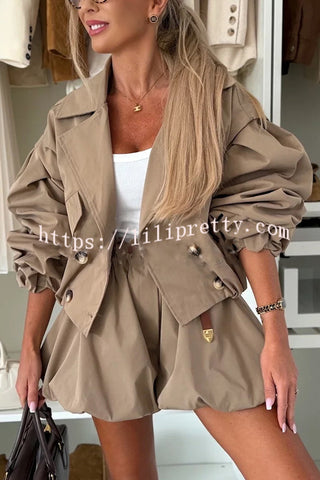 Fashion Style Button Long Balloon Sleeve Pocket Lapel Casual Bomber Jacket